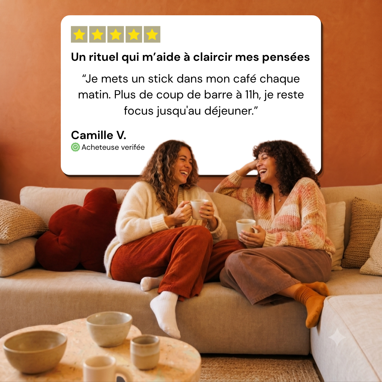 Avis client CoffyBoost French Vitality : Camille V., acheteuse vérifiée, rituel énergisant sans nervosité