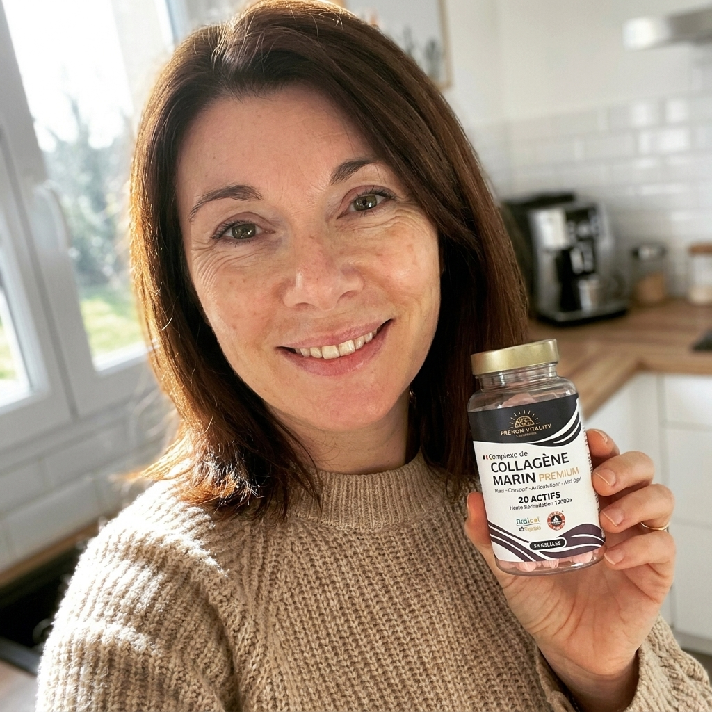 Avis client French Vitality, femme montrant sa boîte de complexe collagène 20 actifs