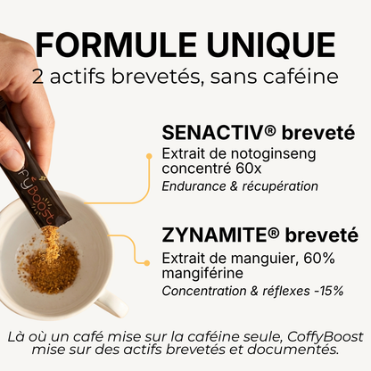 Formule CoffyBoost French Vitality avec 2 actifs brevetés sans caféine : SENACTIV®, extrait de notoginseng, et ZYNAMITE®, extrait de manguier