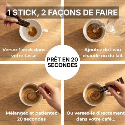 Mode d'emploi CoffyBoost French Vitality en 4 étapes : verser le stick, ajouter l'eau chaude, mélanger, ou verser directement dans le café