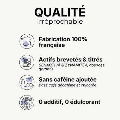 Qualité CoffyBoost French Vitality : fabrication 100% française, actifs brevetés et titrés SENACTIV® et ZYNAMITE®, sans caféine ajoutée, 0 additif